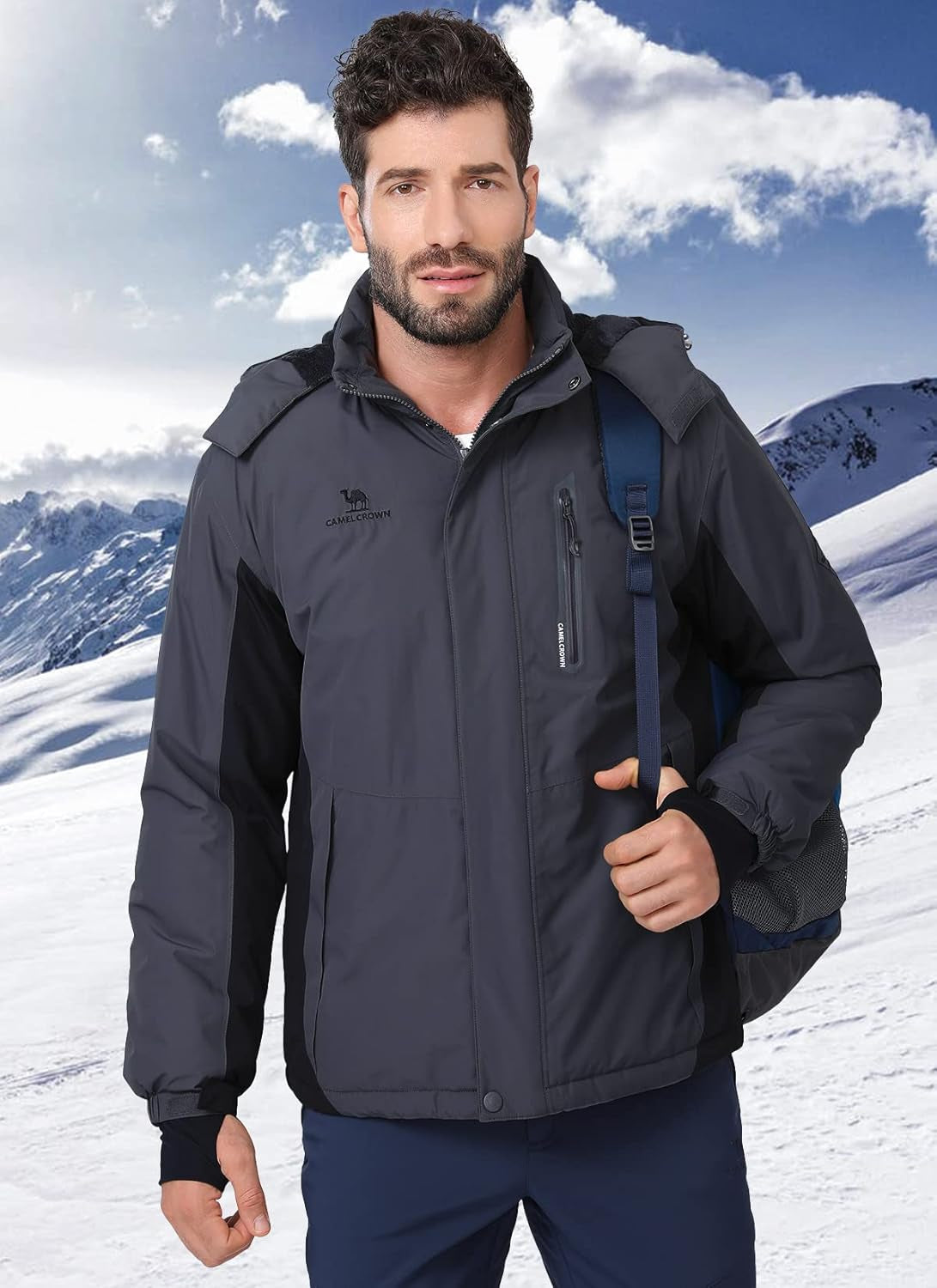 Men's Waterproof Winter Ski Jacket with Detachable Hood - Warm, Windproof, and Fleece-Lined for Ultimate Comfort in Snowy Mountains