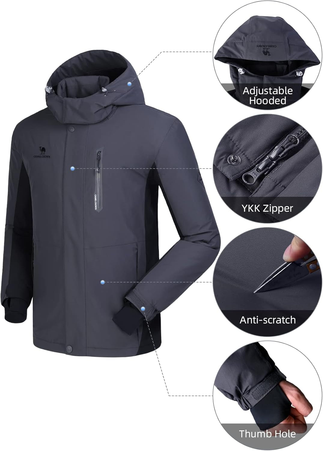 Men's Waterproof Winter Ski Jacket with Detachable Hood - Warm, Windproof, and Fleece-Lined for Ultimate Comfort in Snowy Mountains