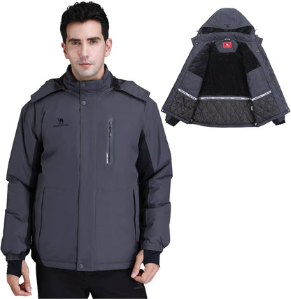 Men's Waterproof Winter Ski Jacket with Detachable Hood - Warm, Windproof, and Fleece-Lined for Ultimate Comfort in Snowy Mountains