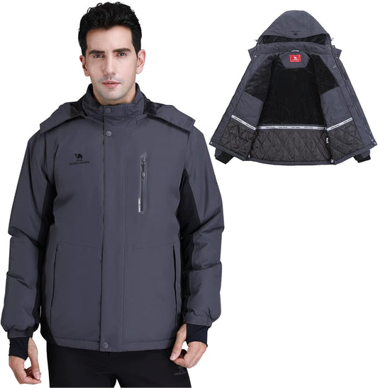 Men's Waterproof Winter Ski Jacket with Detachable Hood - Warm, Windproof, and Fleece-Lined for Ultimate Comfort in Snowy Mountains